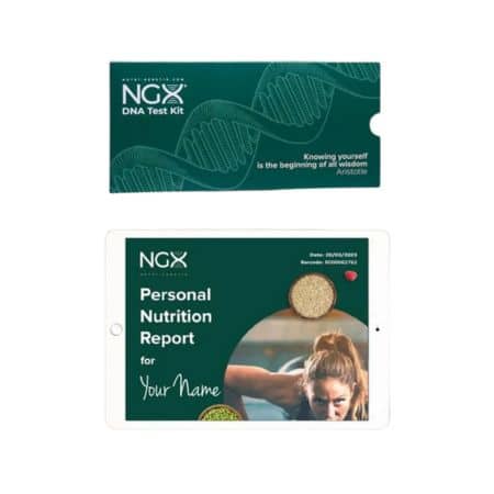 NGX personal nutrition DNA test test kit box and iPad screen with test on it.