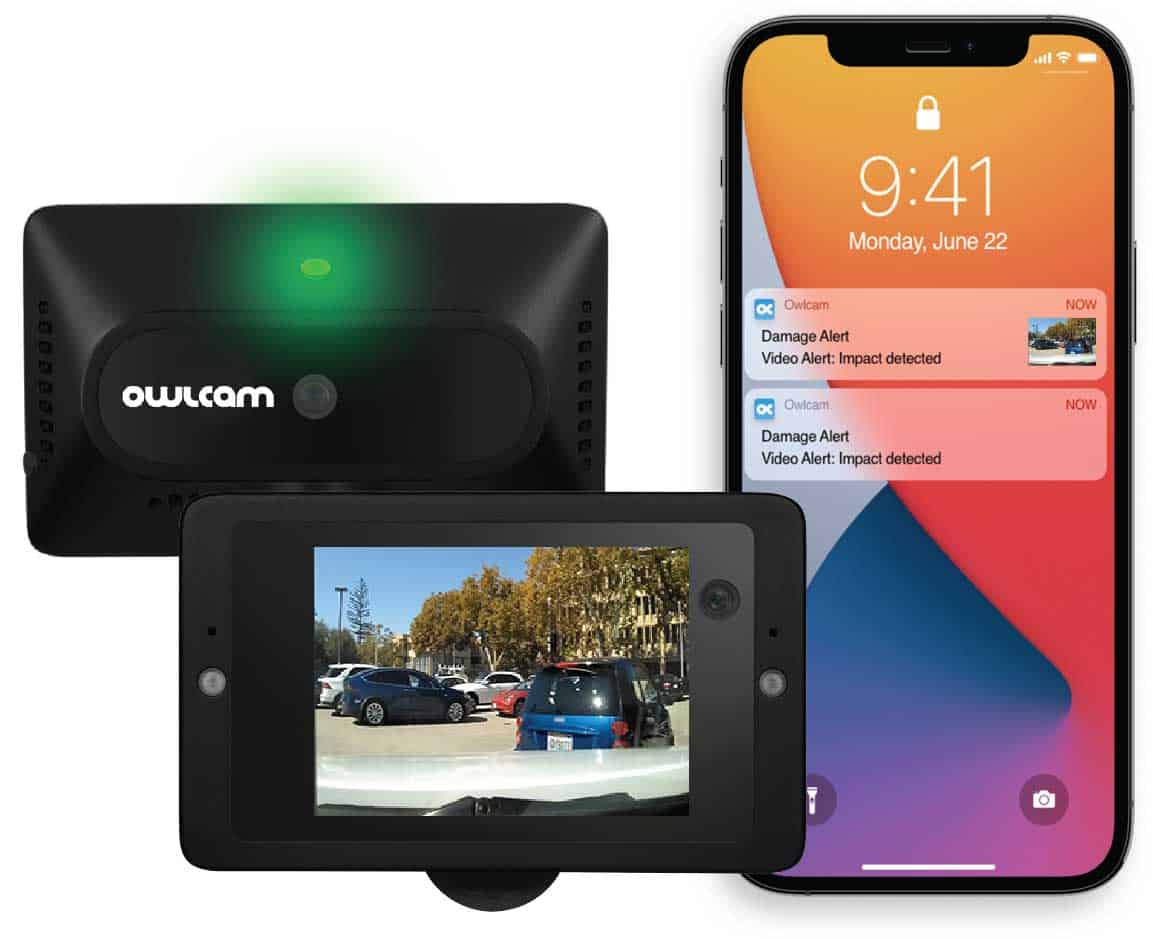 Owlcam dash cam with front and rear cameras and smartphone app displayed