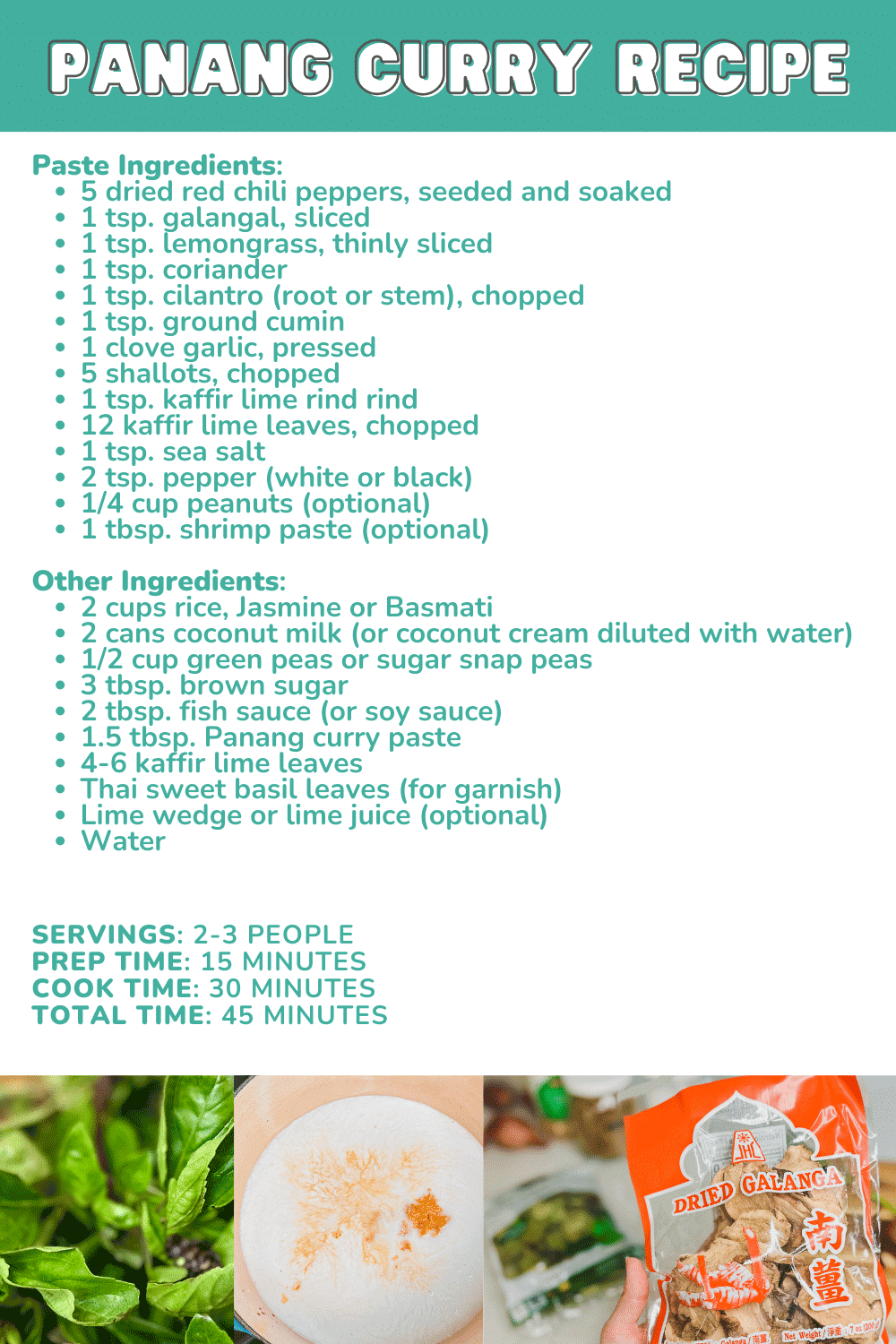 Panang curry recipe ingredients and serve time infographic.