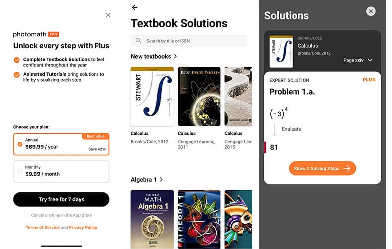 Photomath app screenshots showing how users can look up math solutions in specific textbooks.