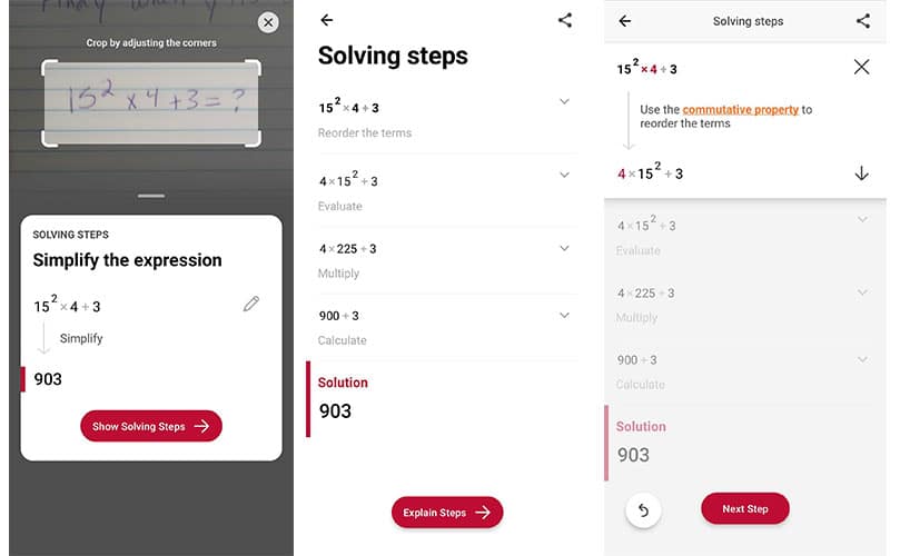 Photomath app screenshots showing how the app easily solves mathematical equations.