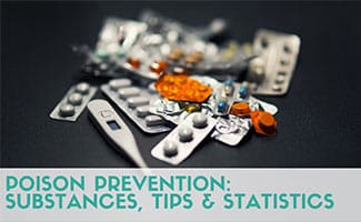 A pile of pills in their casings on a dark table. Caption: Poison Prevention: Substances, Tips & Statistics