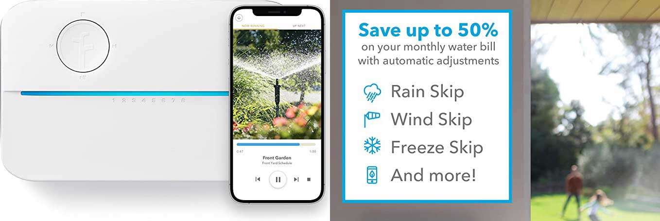 The Rachio 3 smart sprinkler with a picture of the smartphone app and its features.