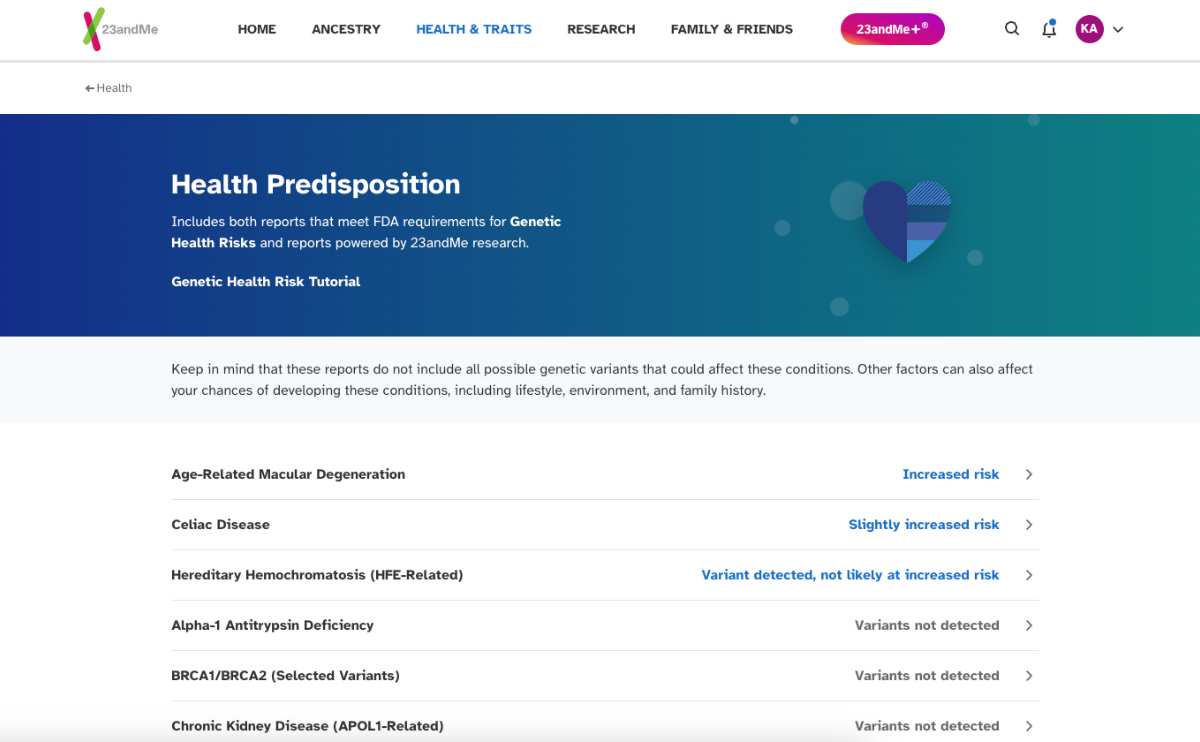 Screenshot of 23andme health test results.