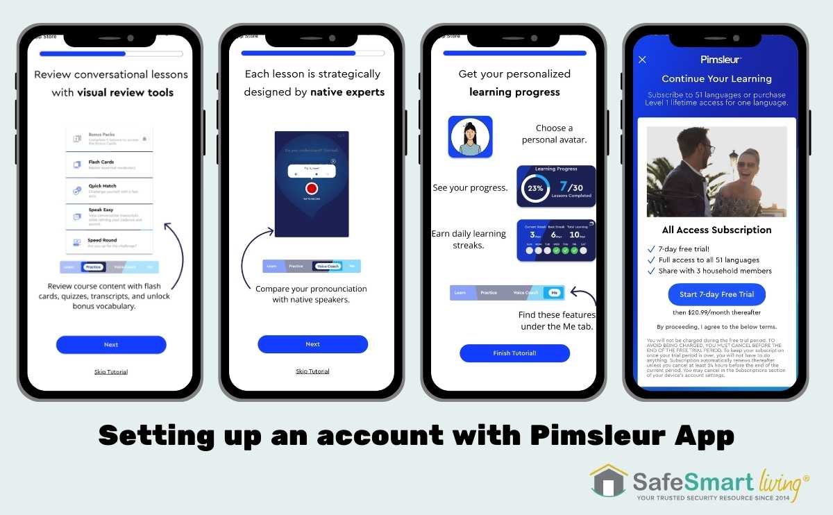 Setting up Pimsleur app screenshots.