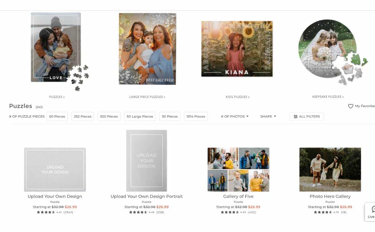 Shutterfly puzzle options.