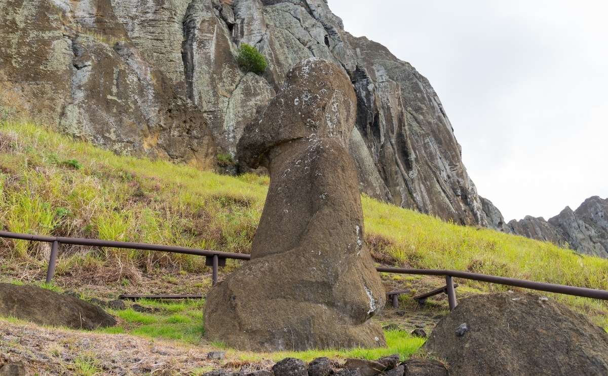 Side view of Moai Tukuturi statue, the only one with legs.