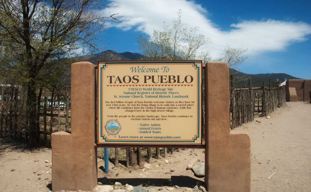 Sign at entrance to Taos Pueblo in New Mexico.