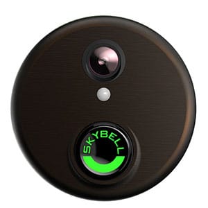 Circular Skybell HD video doorbell in bronze color on white background