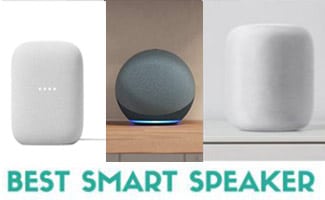 Google Nest, Echo, and HomePod smart speakers side-by-side (Caption: Best Smart Speaker)