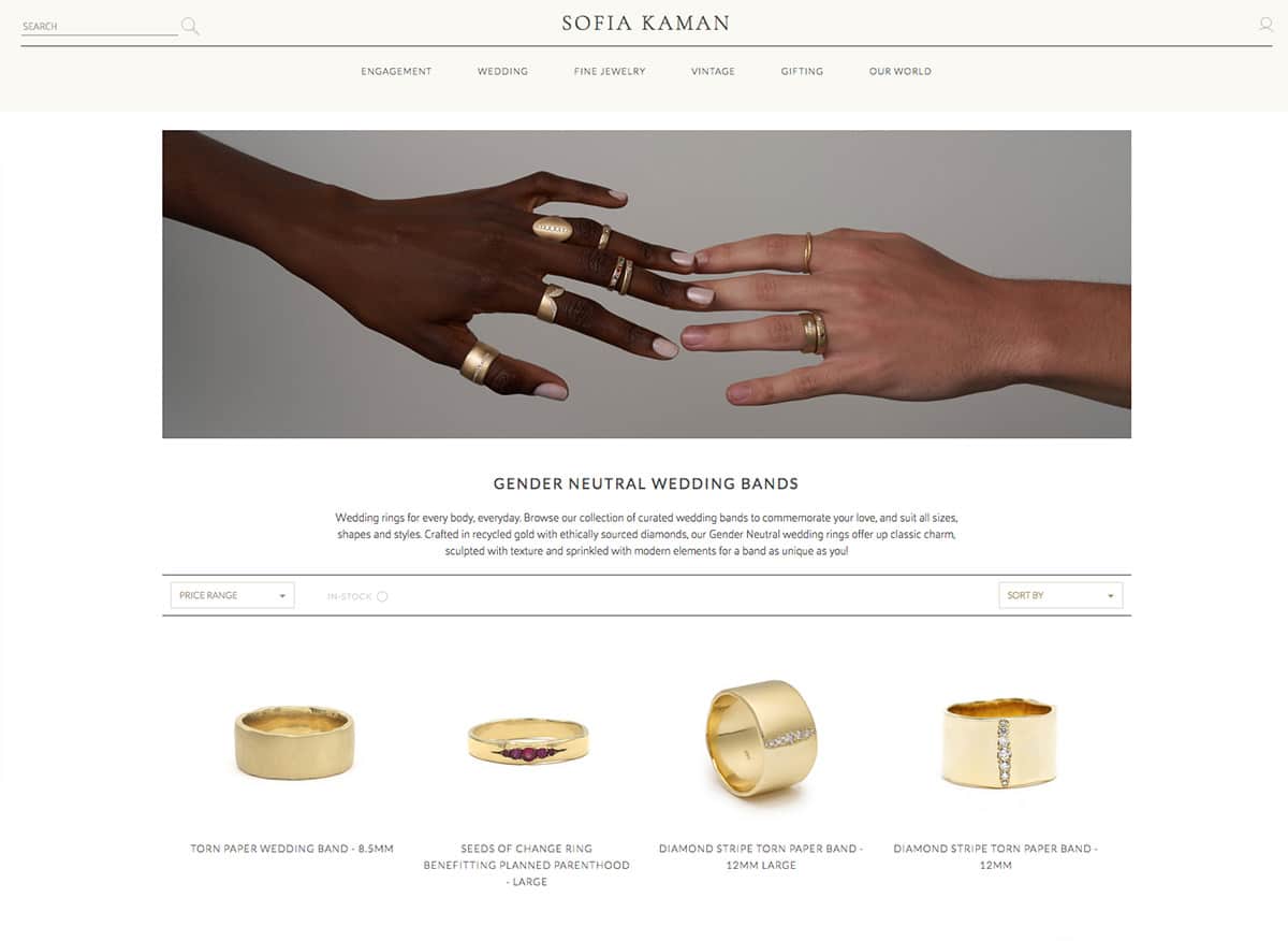 Sofia Kaman screenshot of website showing gender neutral wedding bands.