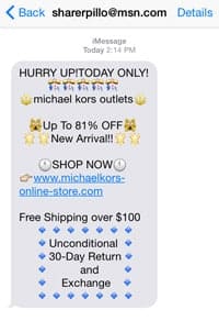 Screenshot of a fake Michael Kors sale text message