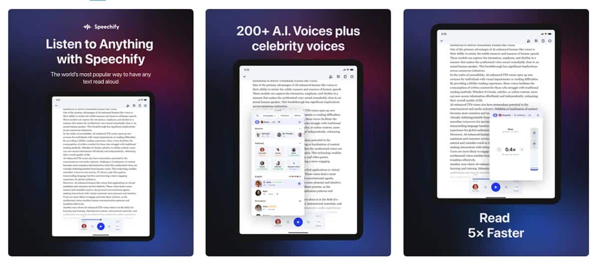 Speechify app screenshots.