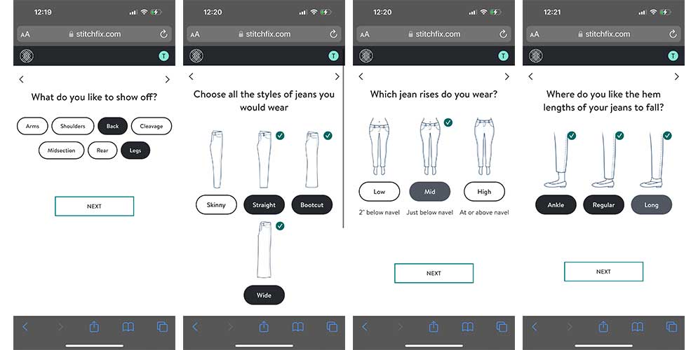 Stich Fix style quiz screenshots jean preference.