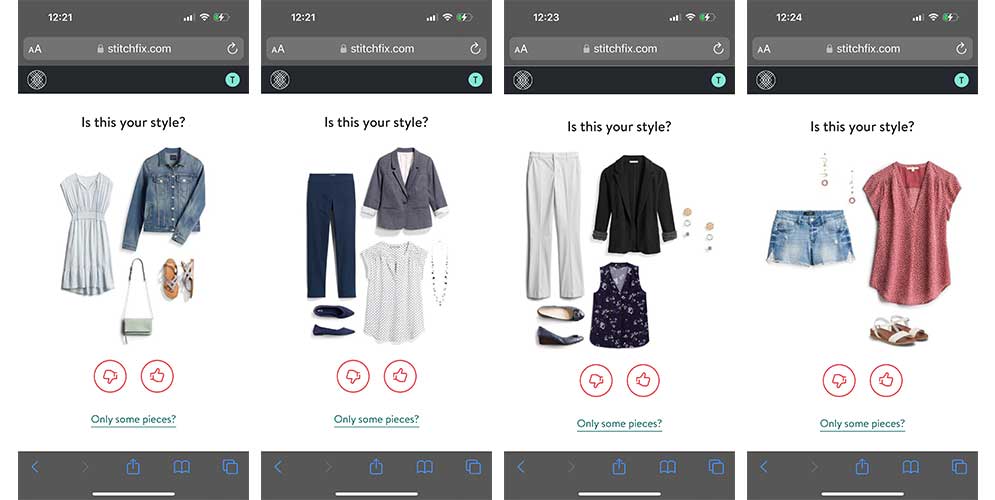 Stitch Fix screenshots style preference quiz.