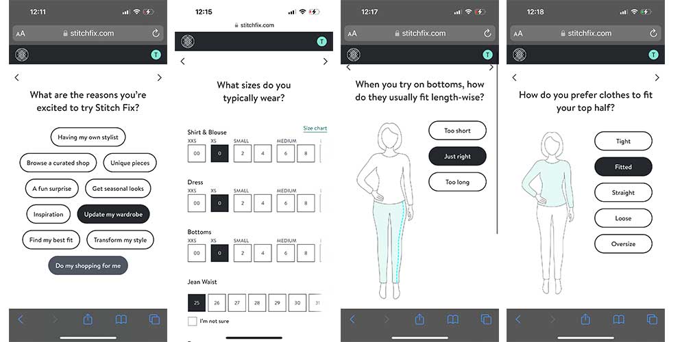 Stitch Fix screenshots style quiz.