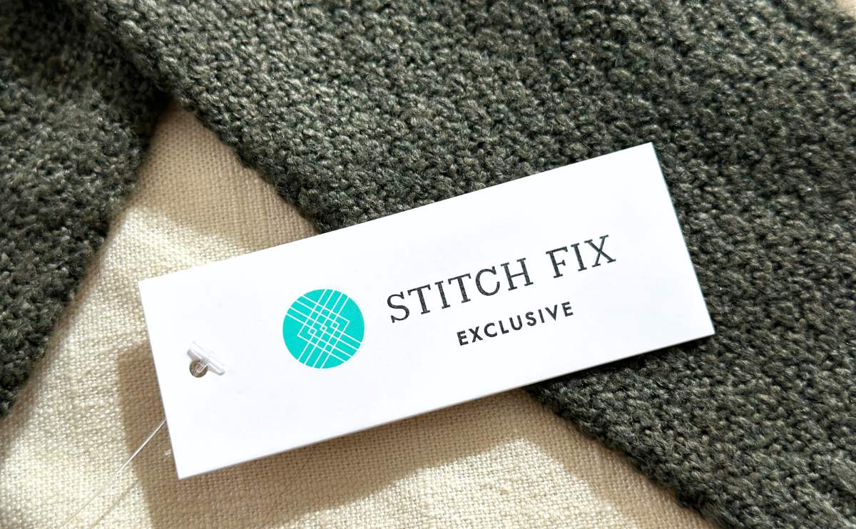 Stitch Fix tag on a sweater up close.