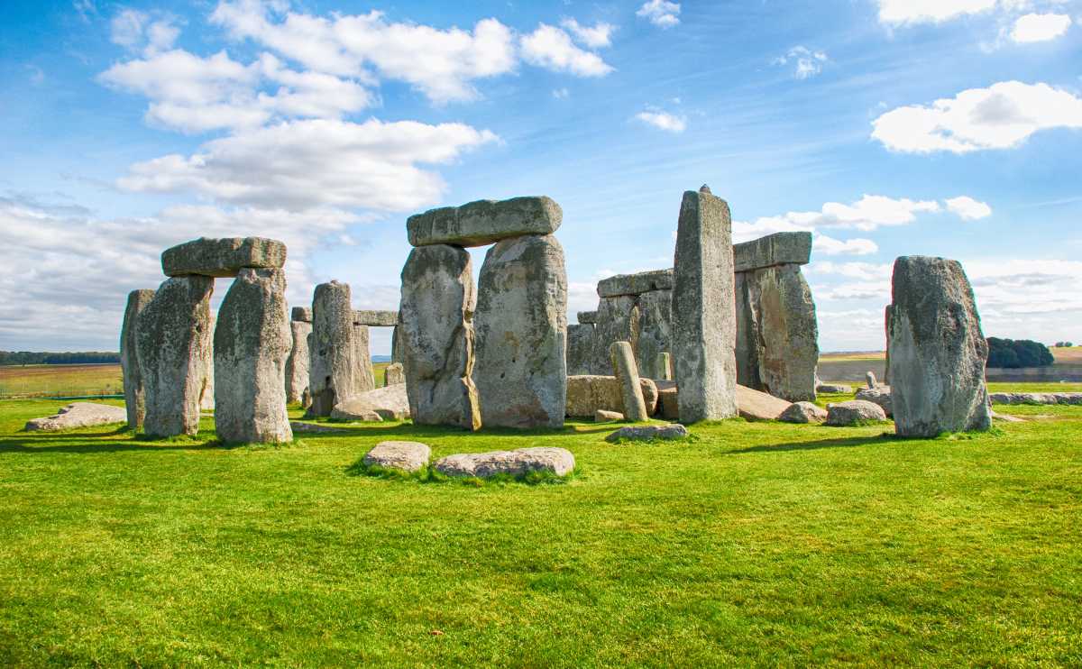 Stonehenge England with blue skies.