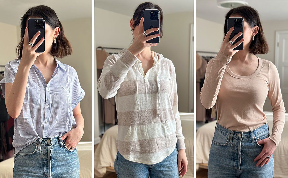 Tara taking selfie with three outfits from stitch fix.