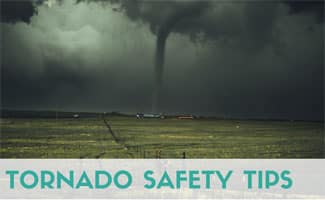 Tornado in dark stormy field (caption: Tornado Safety Tips)