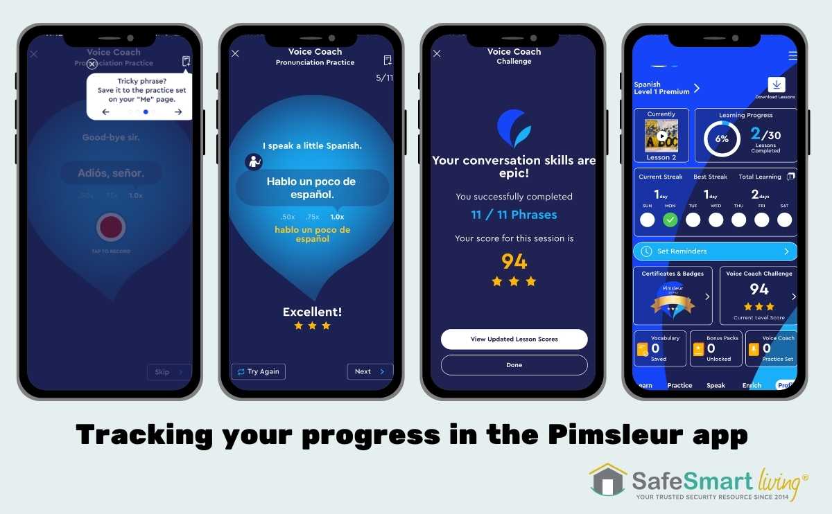 Tracking progress with Pimsleur app.