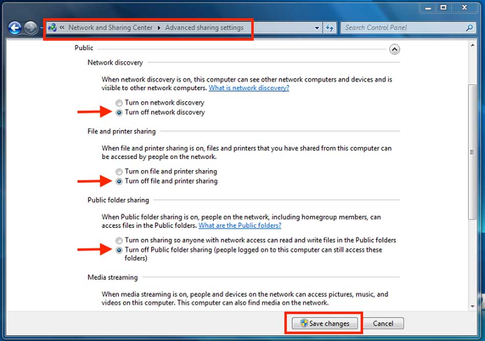 Screenshot of Turn Off File Sharing Settings