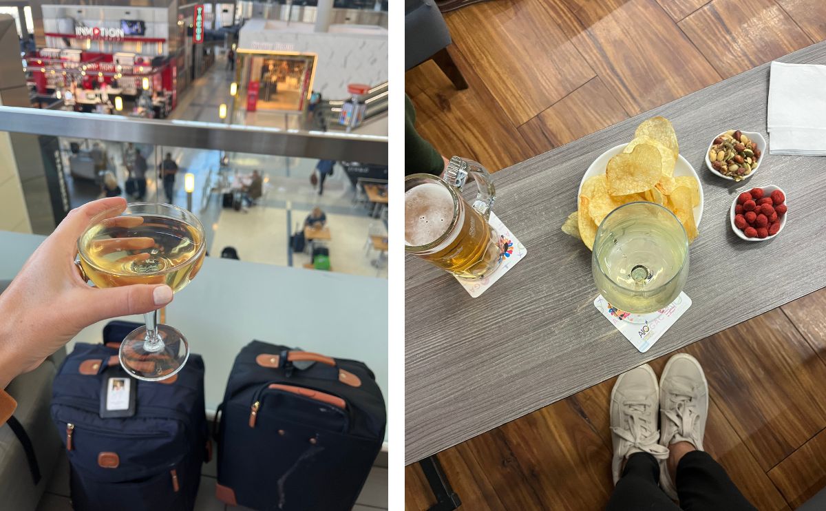 Two photos of food and drink in priority pass lounges