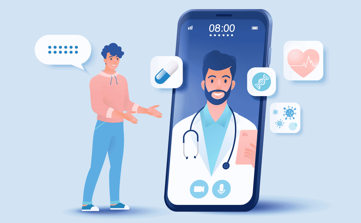 Drawing of patient speaking to doctor on giant smartphone