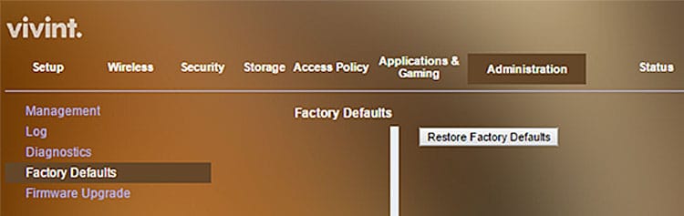 This is the screen you'll see when resetting to factory defaults within your Vivint router's software interface