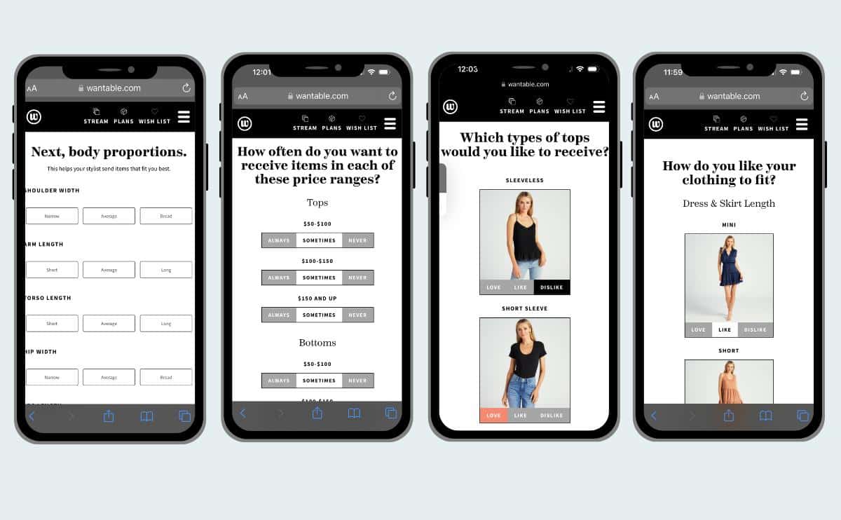 Wantable quiz screenshots on a phone.