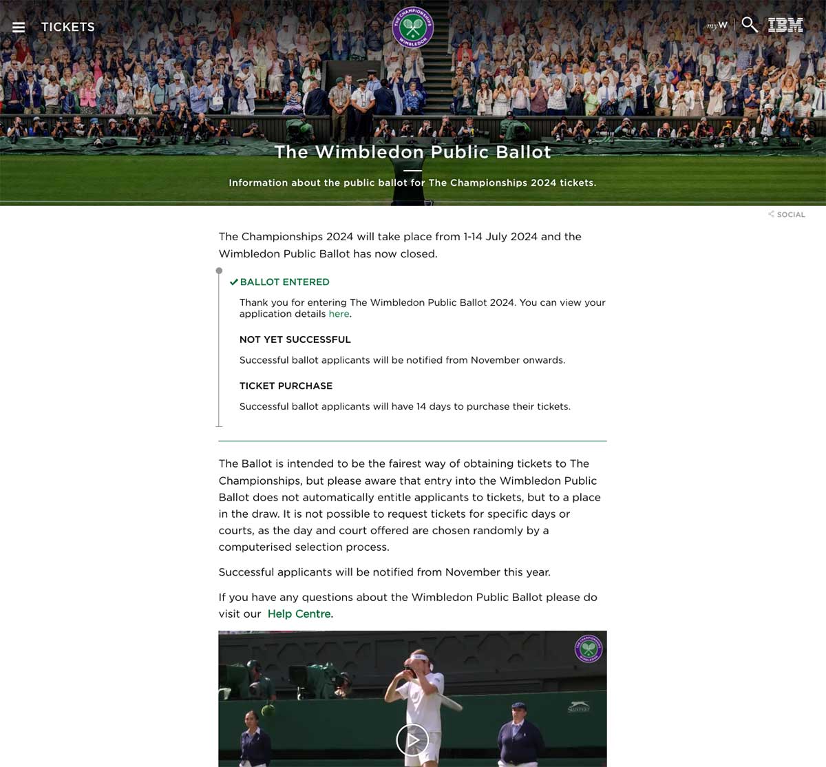 Wimbledon ballot status screenshot.